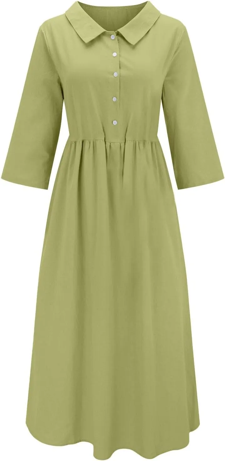 Button Up Midi Dress for Women Smocked Waist A-Line Dress Short Sleeve Solid Flowy Beach Summer Dresses 2025