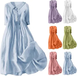 Button Up Midi Dress for Women Smocked Waist A-Line Dress Short Sleeve Solid Flowy Beach Summer Dresses 2025