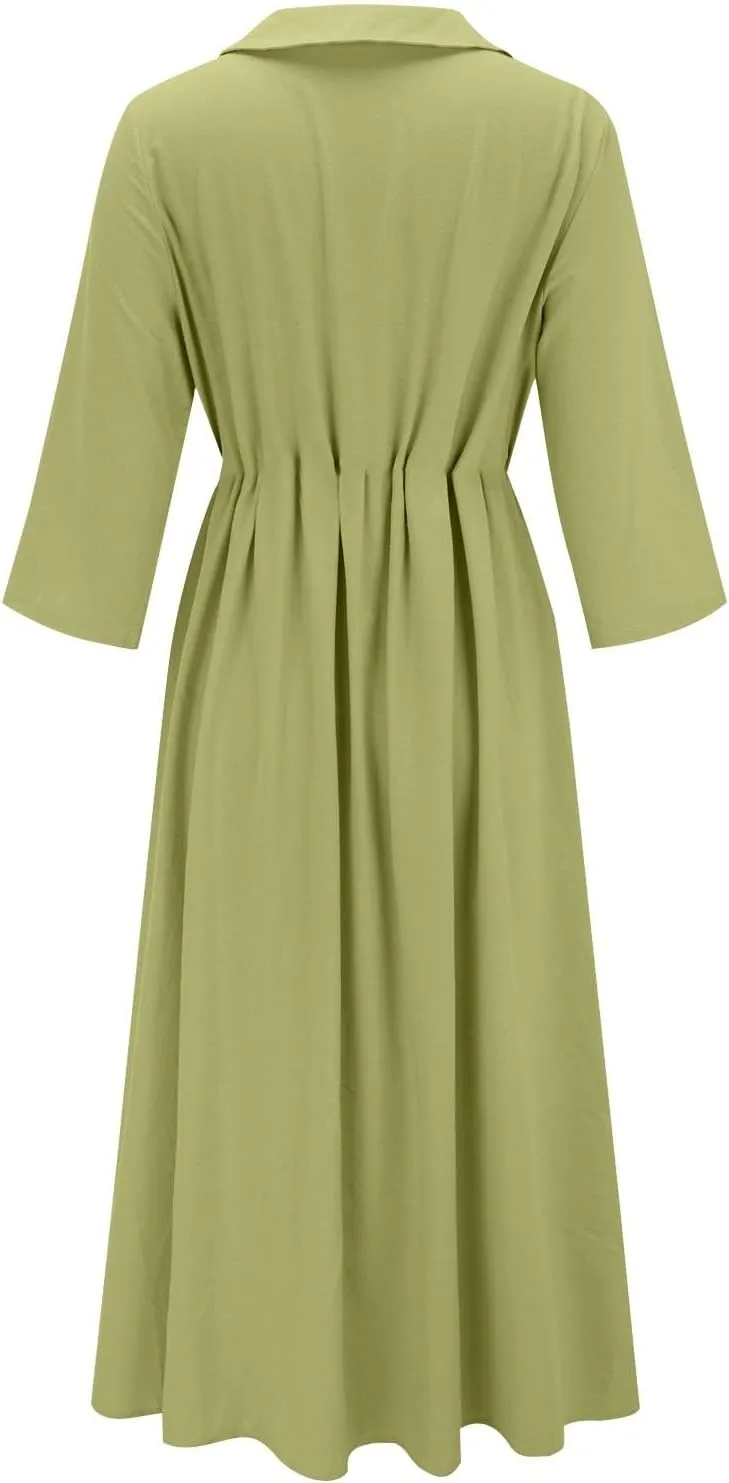 Button Up Midi Dress for Women Smocked Waist A-Line Dress Short Sleeve Solid Flowy Beach Summer Dresses 2025