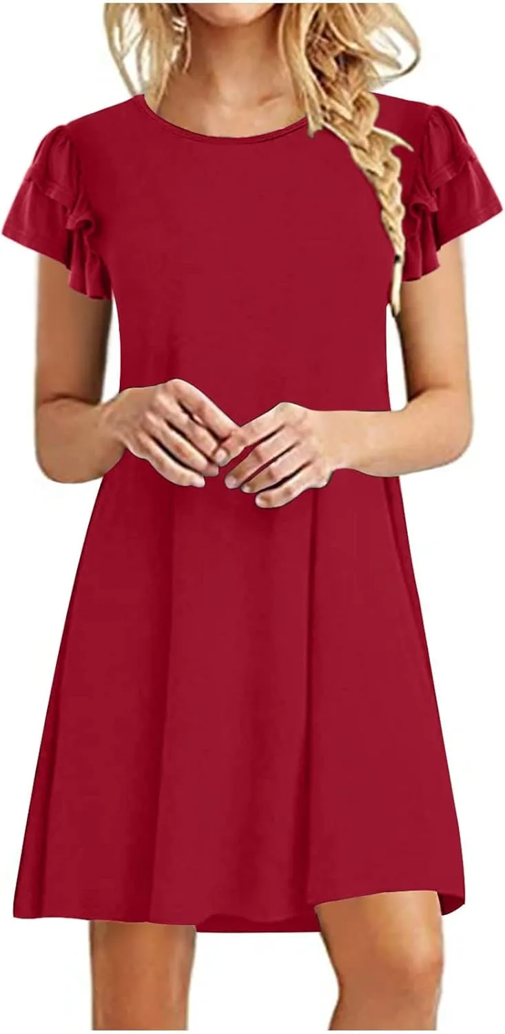 BZGTZT Women's 2023 Mini Dresses Summer Casual Ruffle Short Sleeve Cute Crew Neck Flowy T Shirt Dress with Pockets