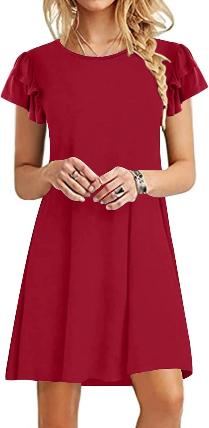 BZGTZT Women's 2023 Mini Dresses Summer Casual Ruffle Short Sleeve Cute Crew Neck Flowy T Shirt Dress with Pockets