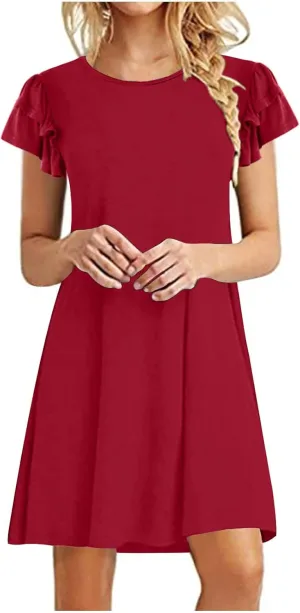 BZGTZT Women's 2023 Mini Dresses Summer Casual Ruffle Short Sleeve Cute Crew Neck Flowy T Shirt Dress with Pockets