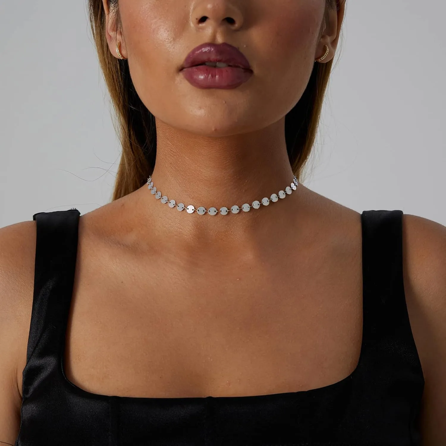 CAROVO Dainty Gold Chain Choker Necklace for Women 18K Gold Plated Minimalist Figaro Beaded Lace Satellite Coin Chain Necklace Delicate Choker Jewelry Gifts for Women