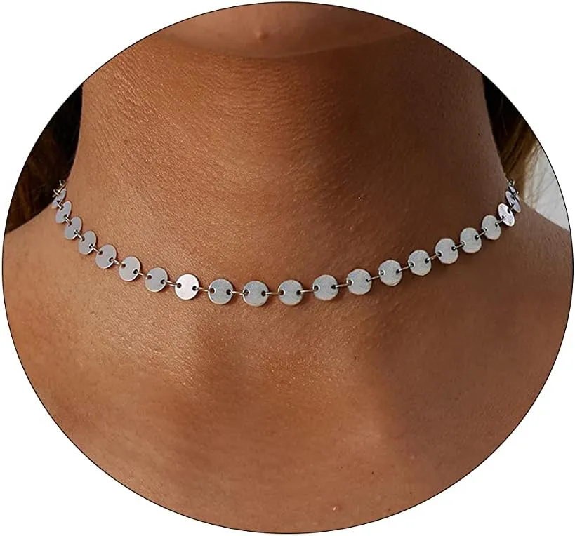 CAROVO Dainty Gold Chain Choker Necklace for Women 18K Gold Plated Minimalist Figaro Beaded Lace Satellite Coin Chain Necklace Delicate Choker Jewelry Gifts for Women