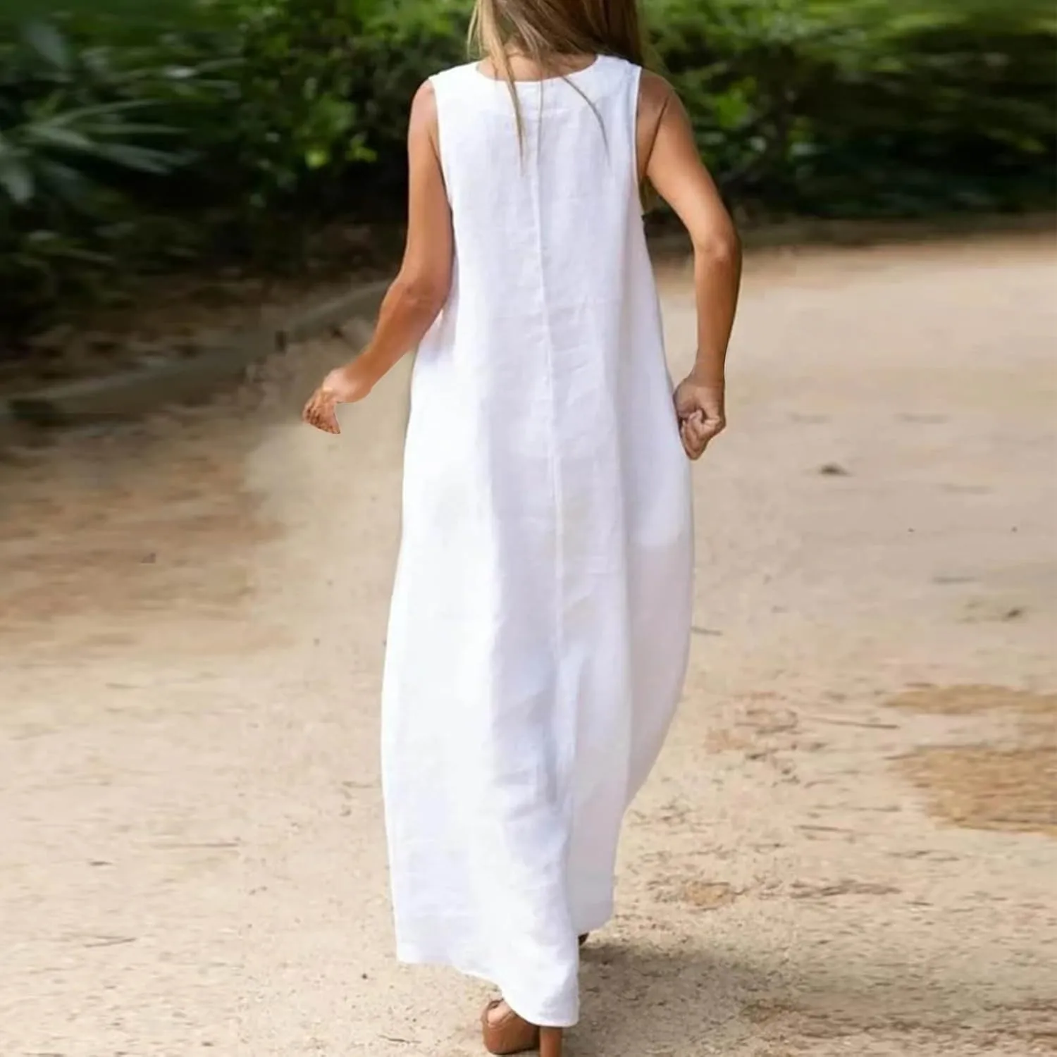 Casual Cotton Linen Tank Dresses for Women Summer Beach Sundress Loose Fit V Neck Sleeveless Long Maxi Dress with Pockets