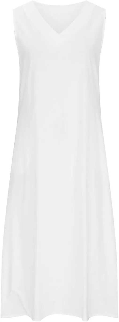 Casual Cotton Linen Tank Dresses for Women Summer Beach Sundress Loose Fit V Neck Sleeveless Long Maxi Dress with Pockets