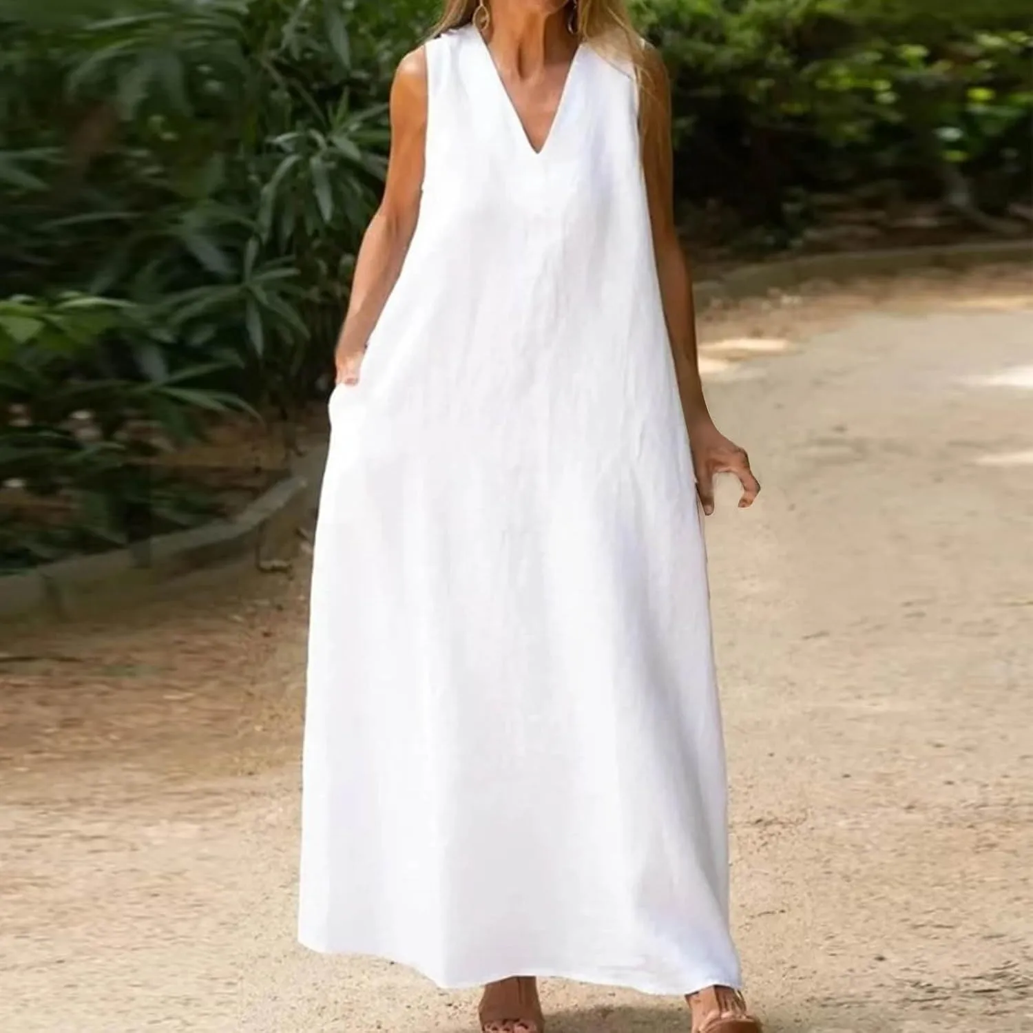 Casual Cotton Linen Tank Dresses for Women Summer Beach Sundress Loose Fit V Neck Sleeveless Long Maxi Dress with Pockets