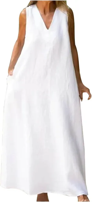 Casual Cotton Linen Tank Dresses for Women Summer Beach Sundress Loose Fit V Neck Sleeveless Long Maxi Dress with Pockets