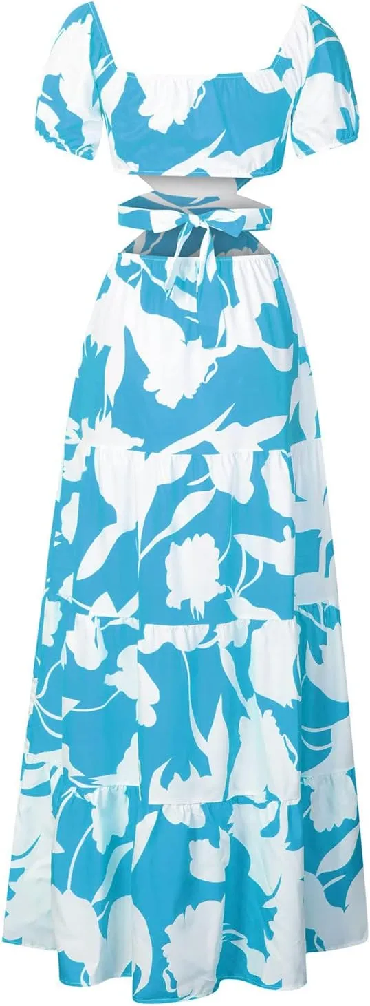 Casual Dresses for Women Off The Shoulder Boho Dress Summer Maxi Sundress Beach Hollow Out Tiered Sexy Flowy Dress