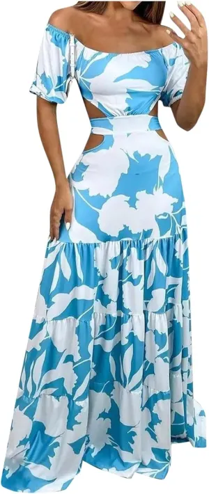 Casual Dresses for Women Off The Shoulder Boho Dress Summer Maxi Sundress Beach Hollow Out Tiered Sexy Flowy Dress