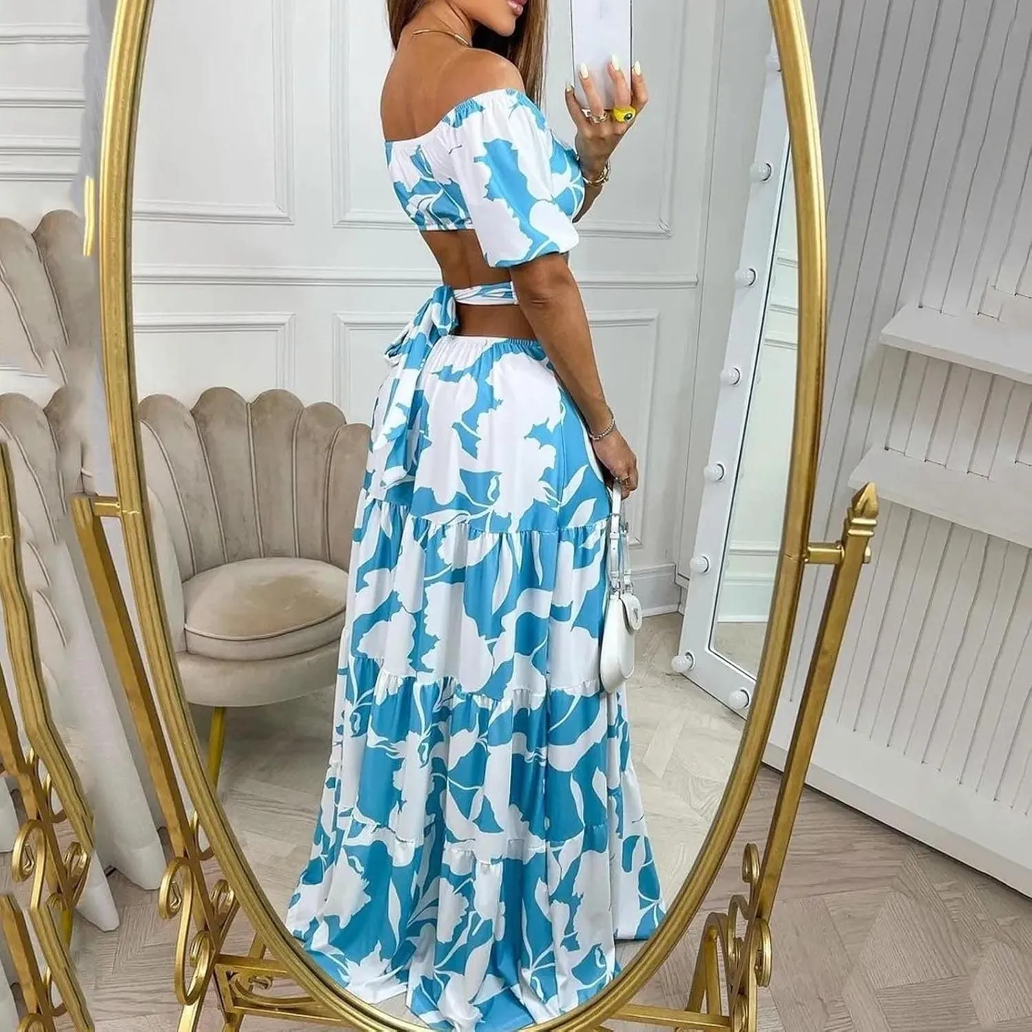 Casual Dresses for Women Off The Shoulder Boho Dress Summer Maxi Sundress Beach Hollow Out Tiered Sexy Flowy Dress