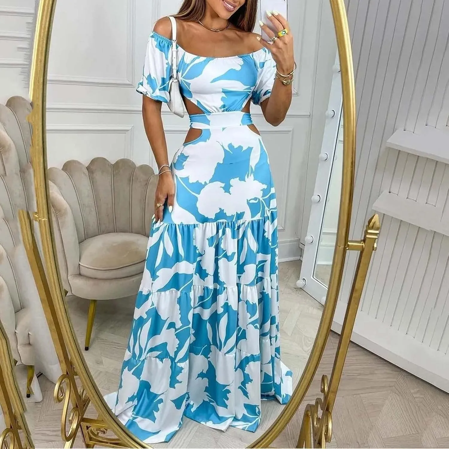 Casual Dresses for Women Off The Shoulder Boho Dress Summer Maxi Sundress Beach Hollow Out Tiered Sexy Flowy Dress
