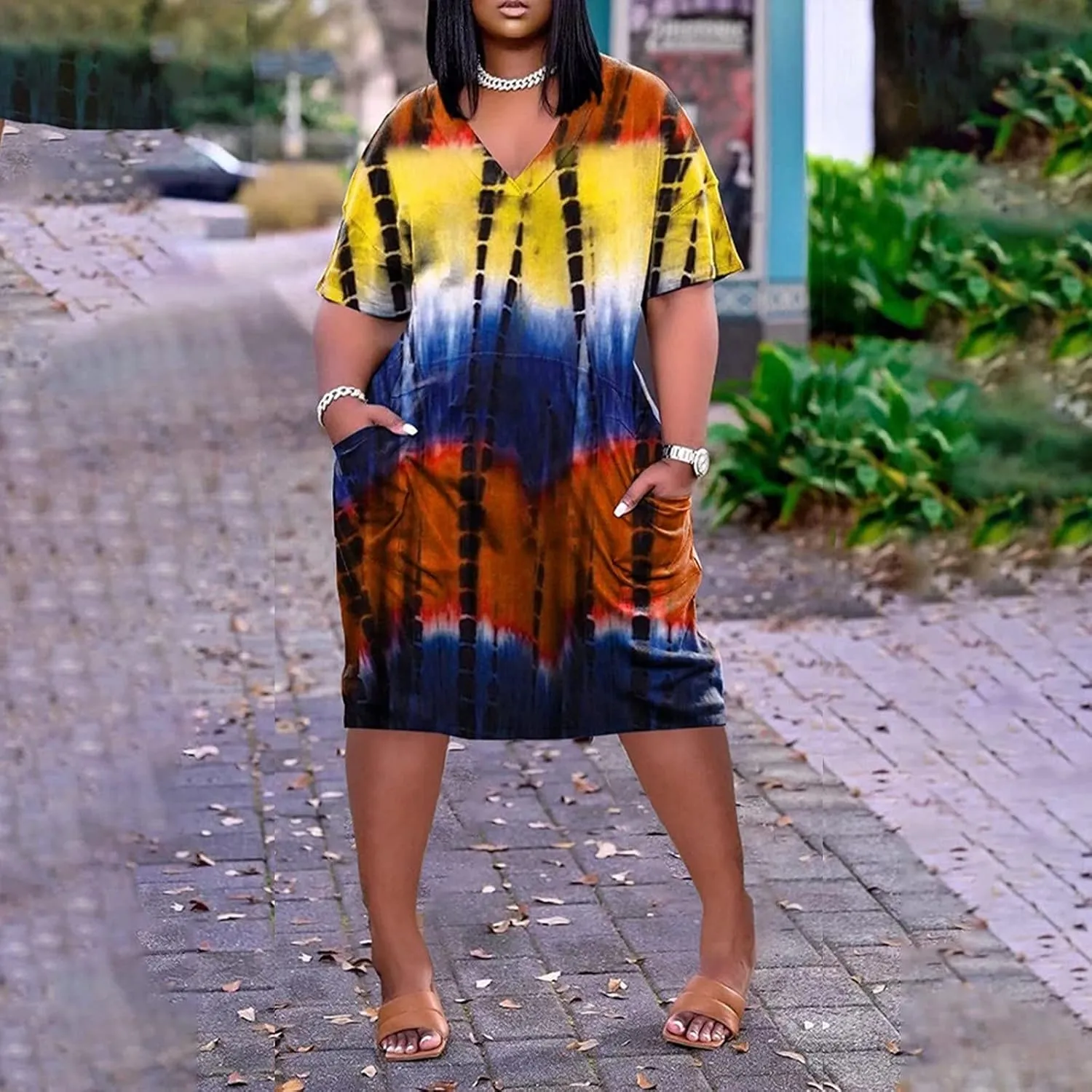 Casual Dresses for Women Plus Size Tie-dye V Neck T-Shirt Dress with Pockets Short Sleeve Midi Dress Summer Dresses