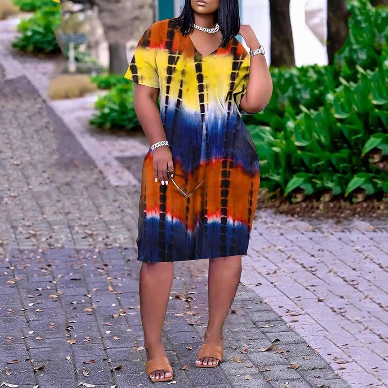 Casual Dresses for Women Plus Size Tie-dye V Neck T-Shirt Dress with Pockets Short Sleeve Midi Dress Summer Dresses