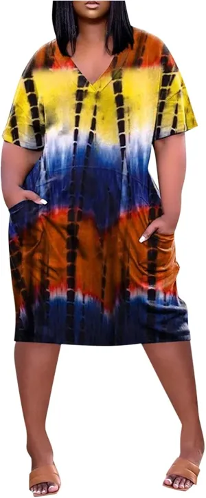 Casual Dresses for Women Plus Size Tie-dye V Neck T-Shirt Dress with Pockets Short Sleeve Midi Dress Summer Dresses
