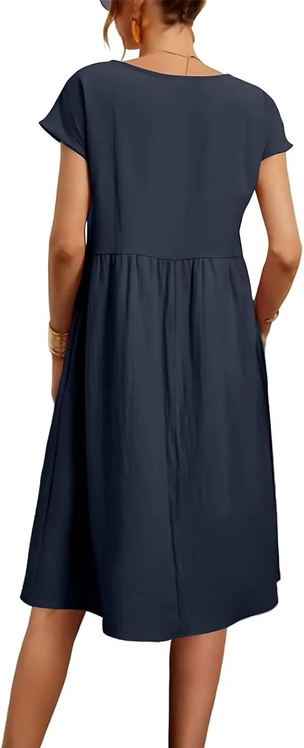 Casual Linen Dresses for Women Crewneck Summer Midi Dress with Pockets Solid Plus Size Short Sleeve T Shirt Dress