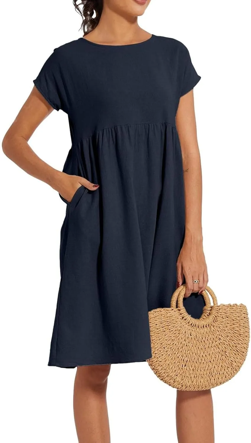 Casual Linen Dresses for Women Crewneck Summer Midi Dress with Pockets Solid Plus Size Short Sleeve T Shirt Dress