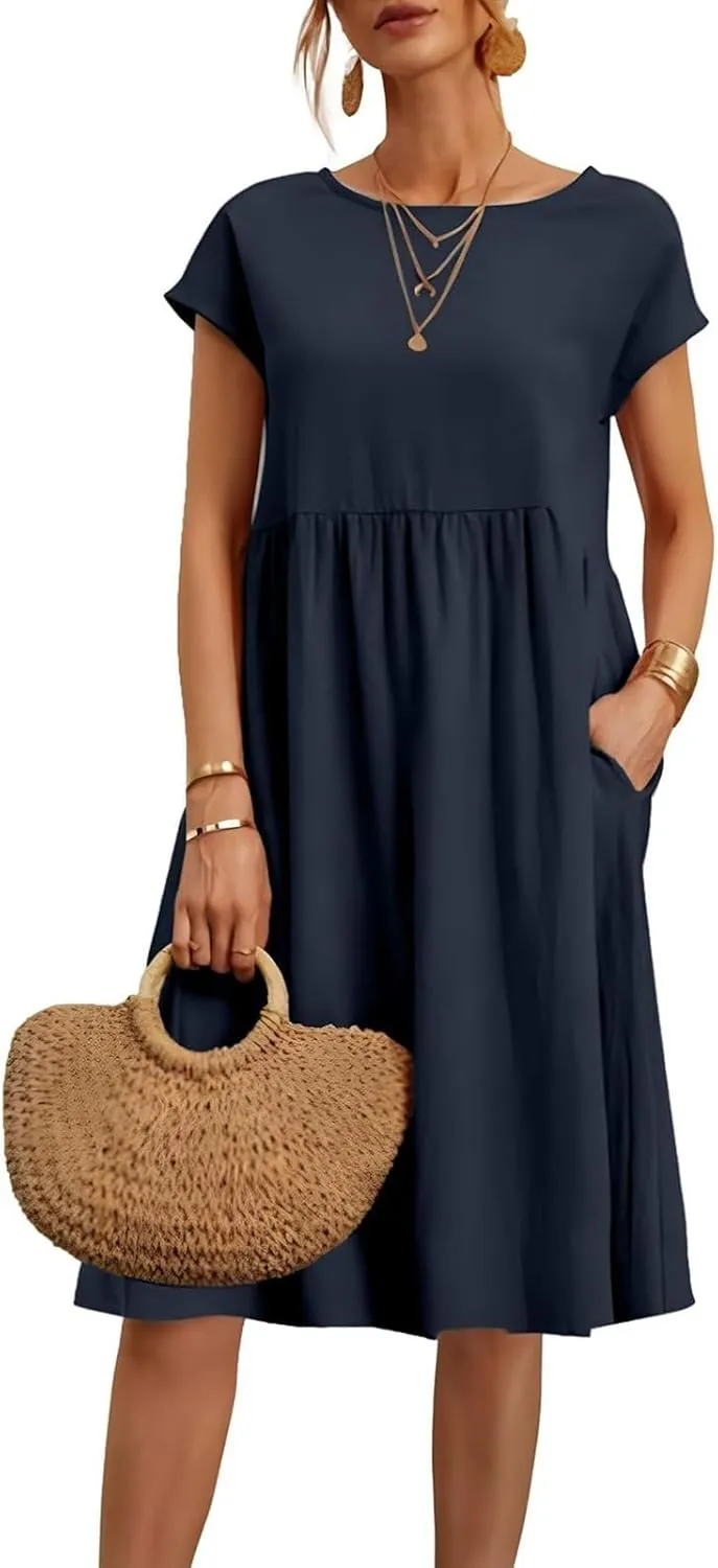 Casual Linen Dresses for Women Crewneck Summer Midi Dress with Pockets Solid Plus Size Short Sleeve T Shirt Dress