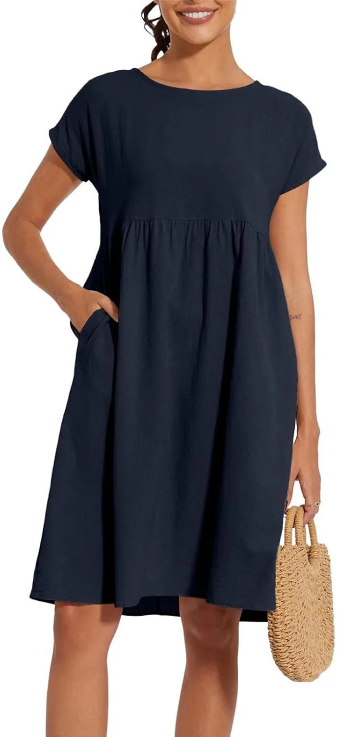 Casual Linen Dresses for Women Crewneck Summer Midi Dress with Pockets Solid Plus Size Short Sleeve T Shirt Dress
