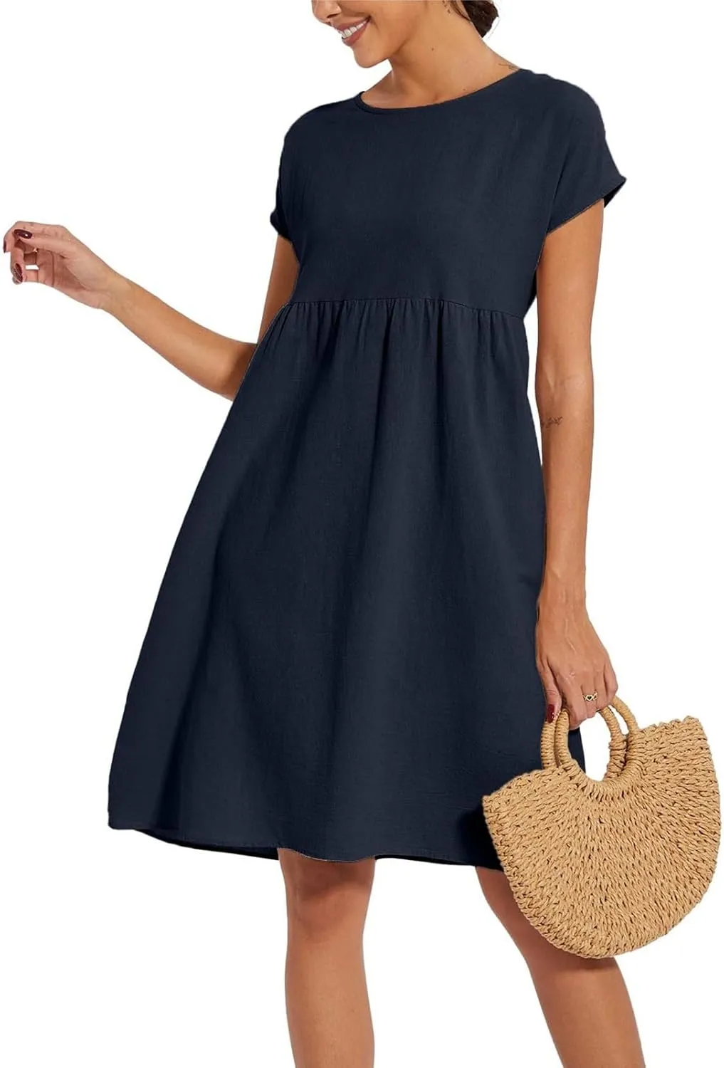 Casual Linen Dresses for Women Crewneck Summer Midi Dress with Pockets Solid Plus Size Short Sleeve T Shirt Dress