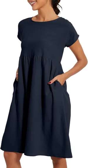 Casual Linen Dresses for Women Crewneck Summer Midi Dress with Pockets Solid Plus Size Short Sleeve T Shirt Dress