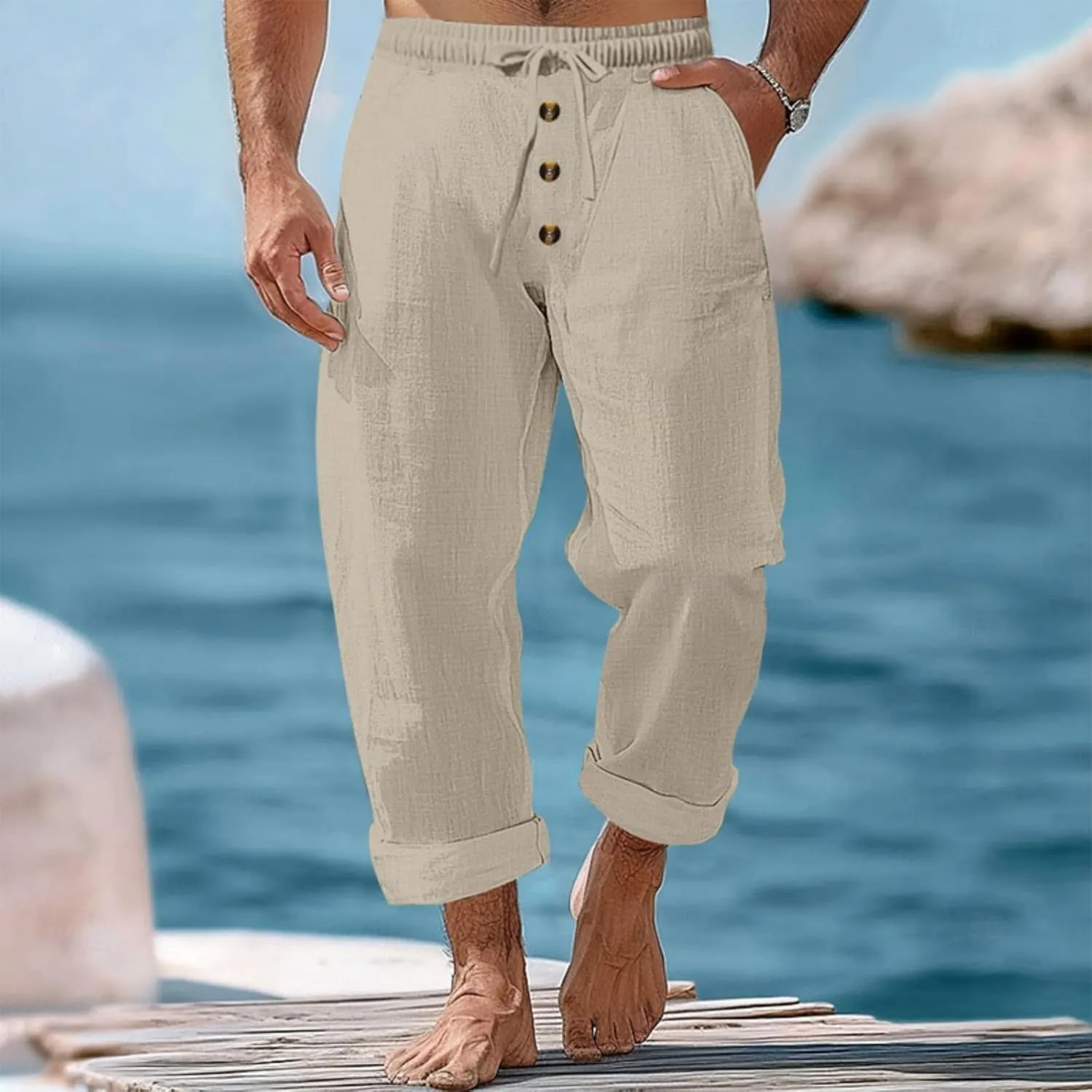 Casual Linen Pants for Men Drawstring Elastic Waist Beach Summer Lightweight Loose Fit Trousers