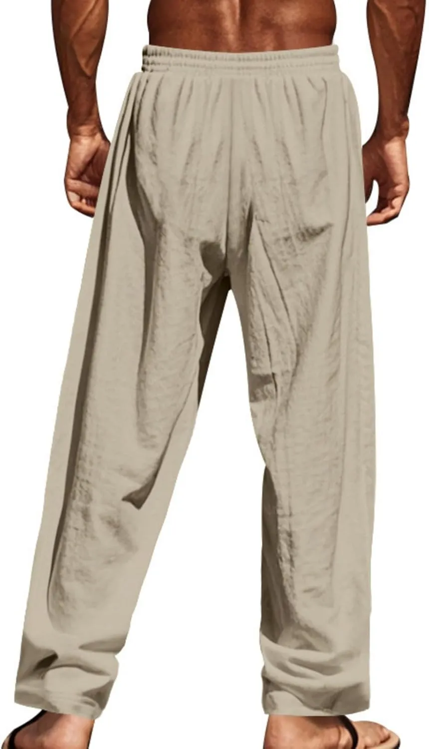 Casual Linen Pants for Men Drawstring Elastic Waist Beach Summer Lightweight Loose Fit Trousers