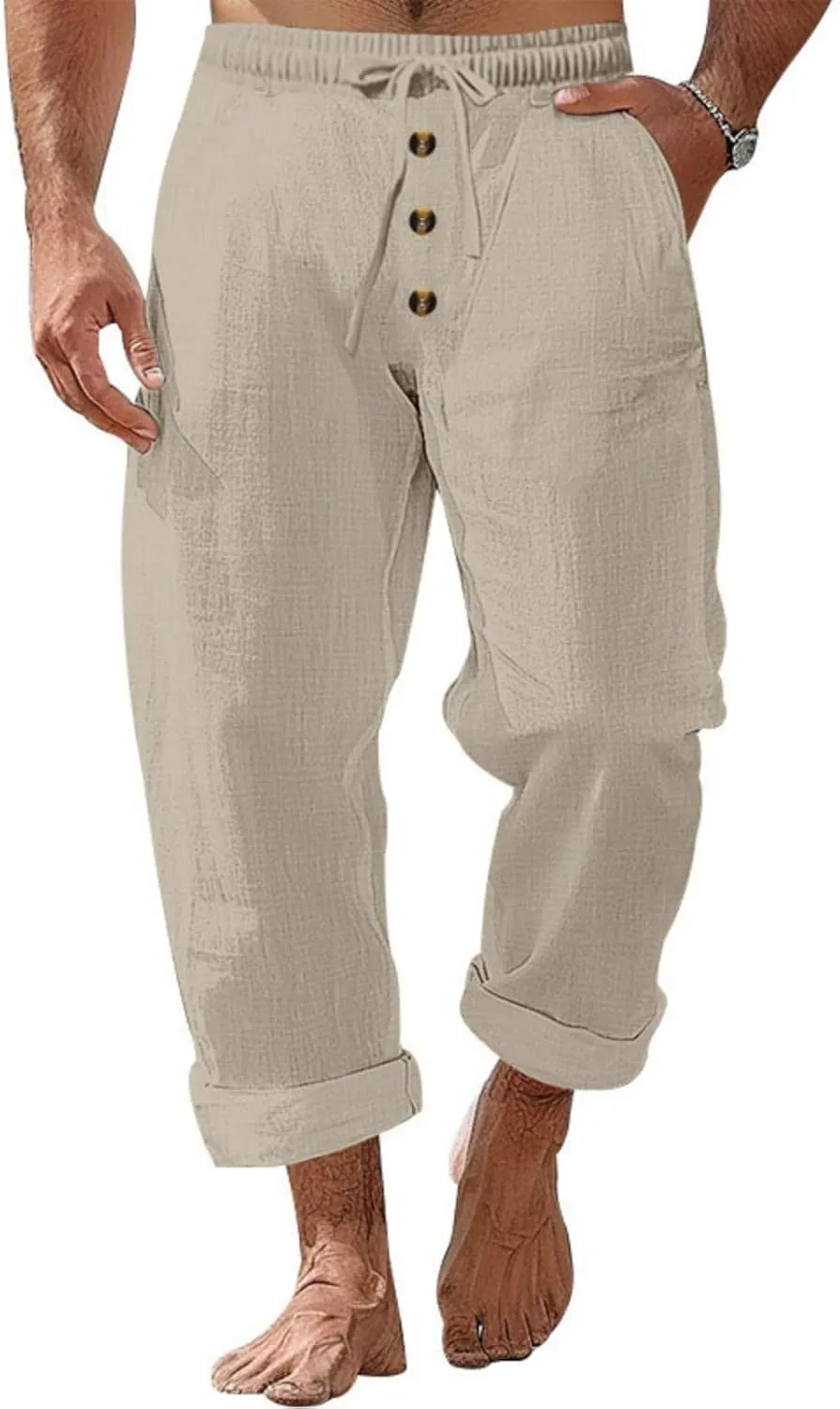 Casual Linen Pants for Men Drawstring Elastic Waist Beach Summer Lightweight Loose Fit Trousers