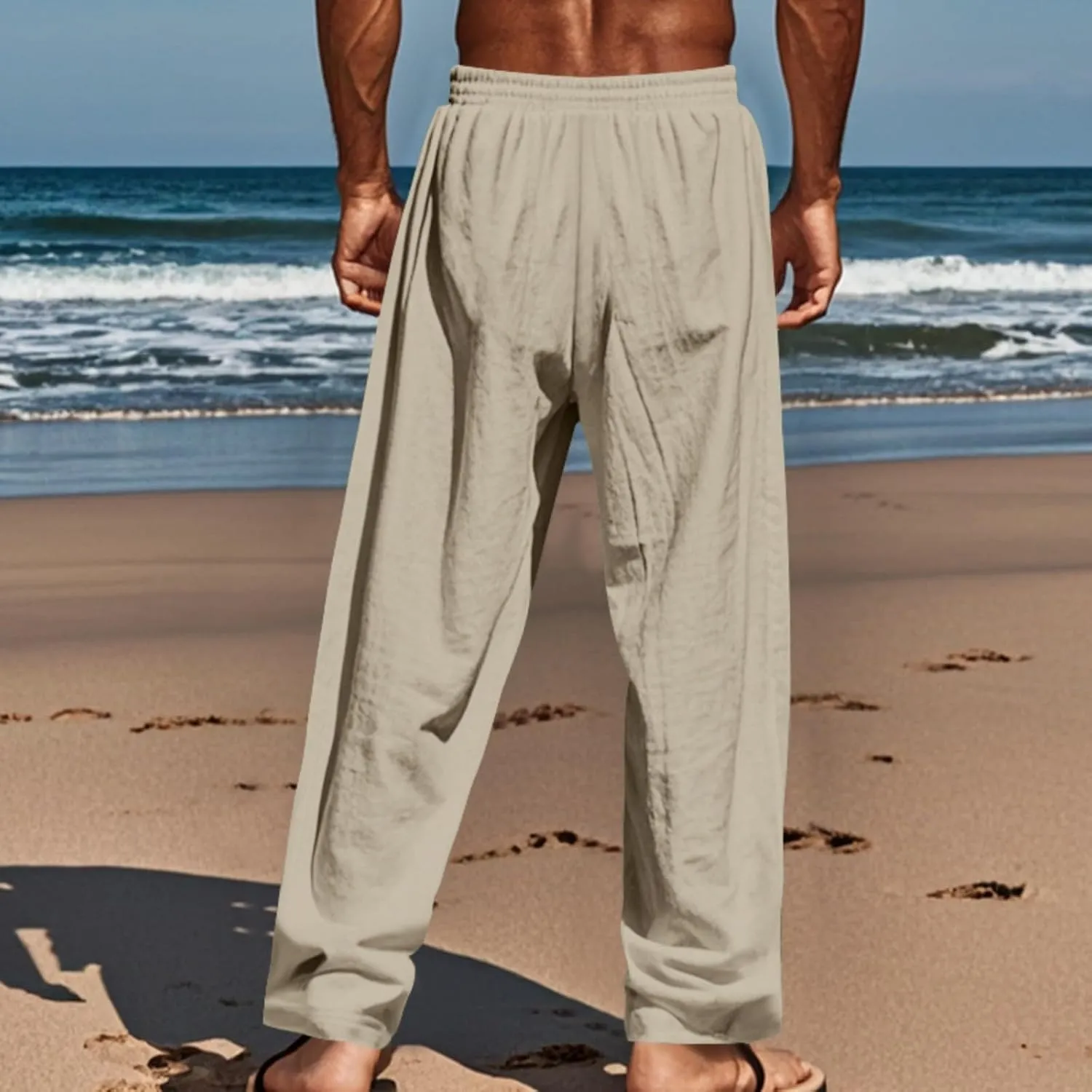 Casual Linen Pants for Men Drawstring Elastic Waist Beach Summer Lightweight Loose Fit Trousers