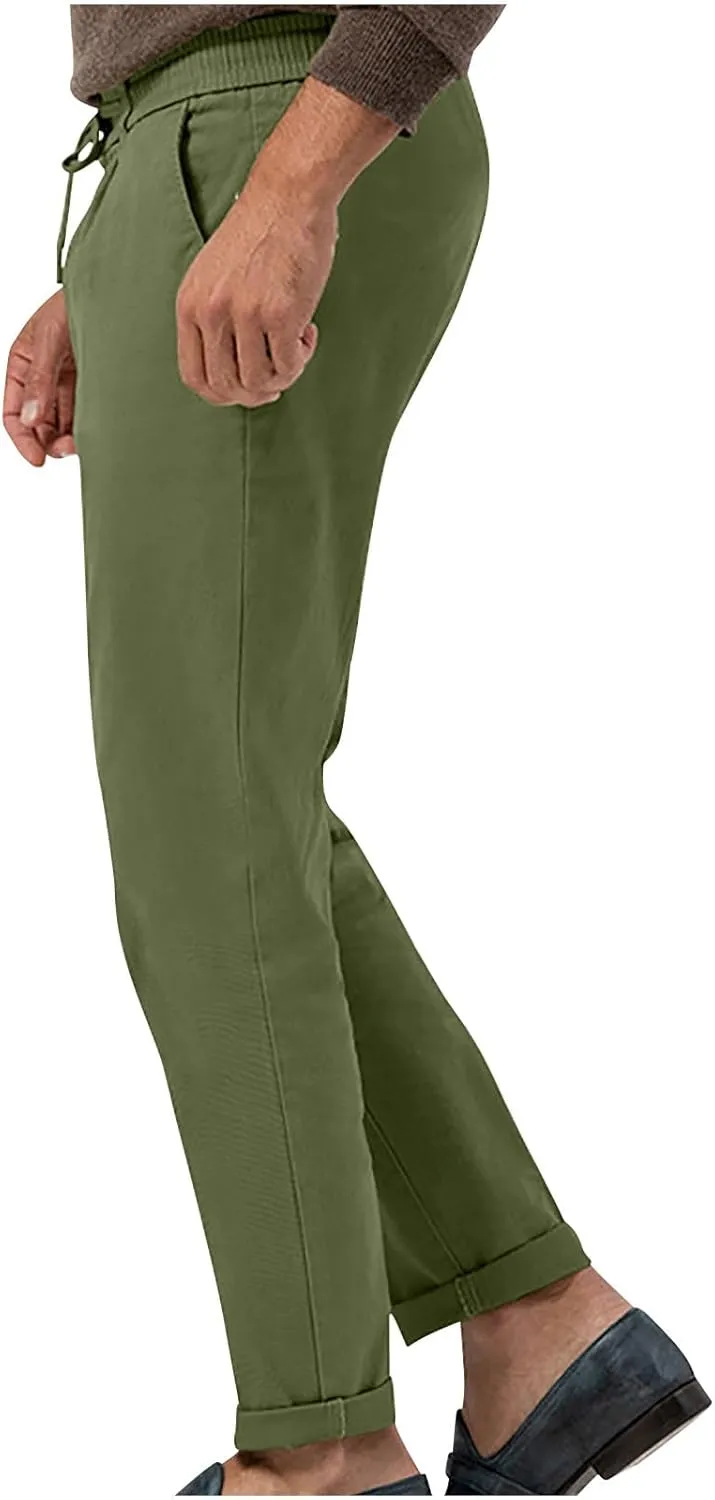 Casual Pants for Men Stretch Dress Pants Khaki Slim Fit Pants Solid Drawstring Waist Pants Golf Pants with Pockets
