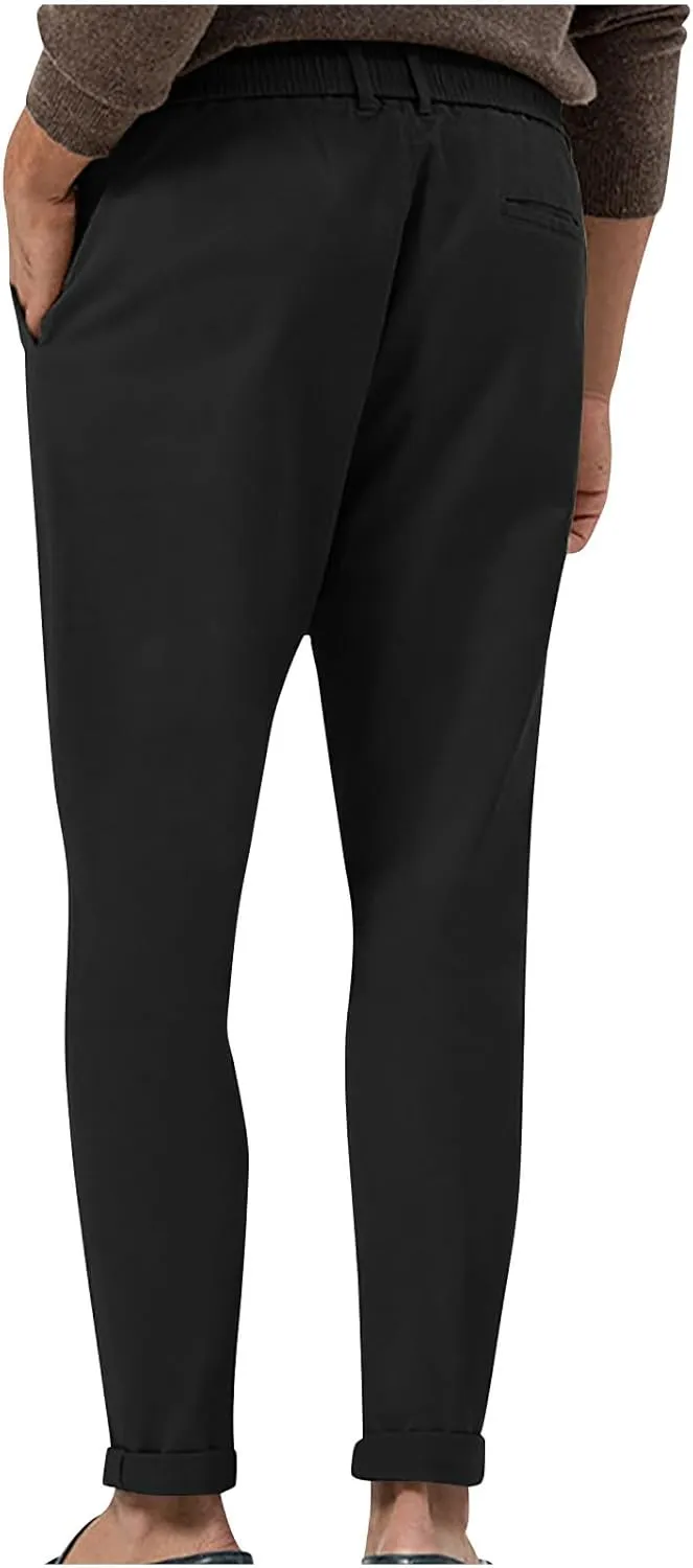 Casual Pants for Men Stretch Dress Pants Khaki Slim Fit Pants Solid Drawstring Waist Pants Golf Pants with Pockets