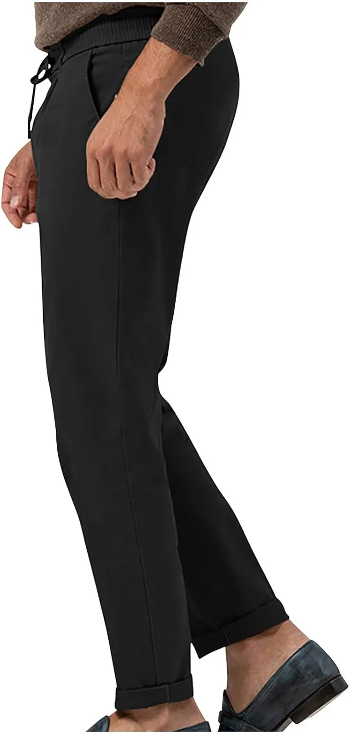 Casual Pants for Men Stretch Dress Pants Khaki Slim Fit Pants Solid Drawstring Waist Pants Golf Pants with Pockets