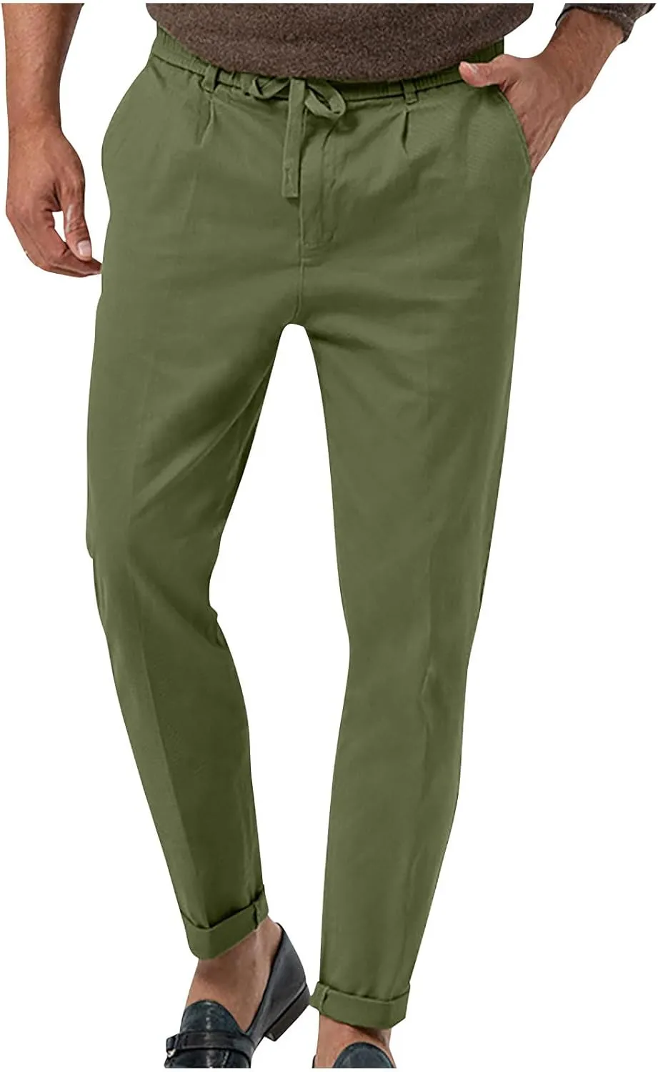 Casual Pants for Men Stretch Dress Pants Khaki Slim Fit Pants Solid Drawstring Waist Pants Golf Pants with Pockets