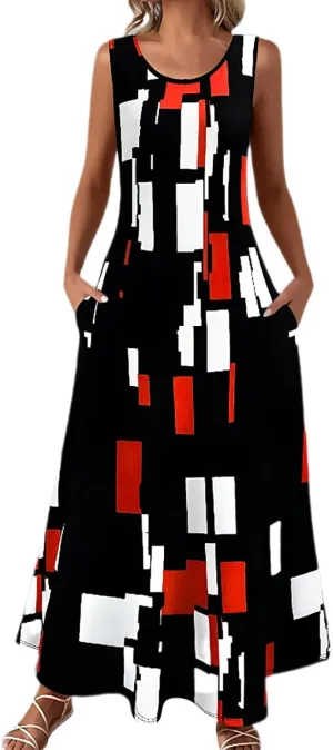 Casual Summer Dresses for Women 2025,Womens Elegant Floarl Printed Baggy Dress Swing Hem Tank Midi Crewneck Dresses
