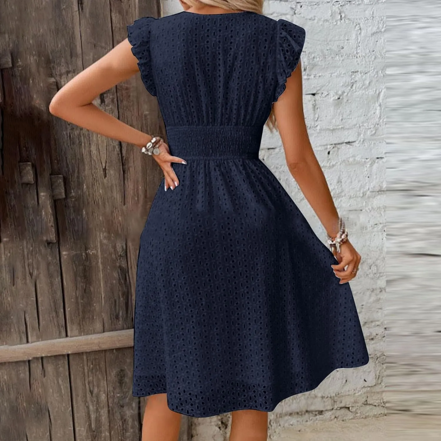 Casual Summer Dresses for Women Eyelet Ruffle Cap Sleeve Mini Dress Vneck Smocked Waist A Line Beach Vacation Dresses