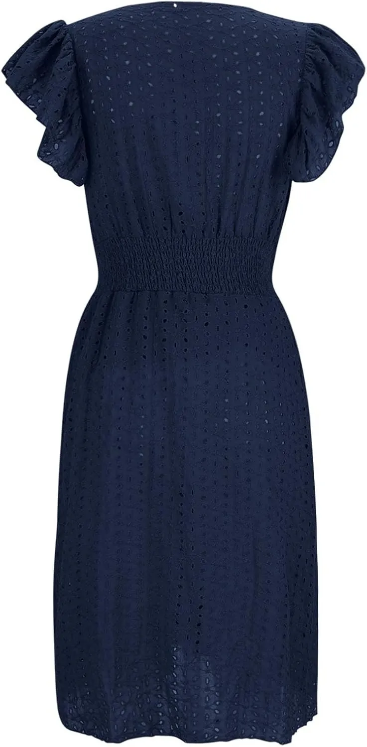 Casual Summer Dresses for Women Eyelet Ruffle Cap Sleeve Mini Dress Vneck Smocked Waist A Line Beach Vacation Dresses