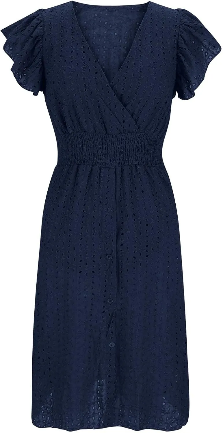 Casual Summer Dresses for Women Eyelet Ruffle Cap Sleeve Mini Dress Vneck Smocked Waist A Line Beach Vacation Dresses