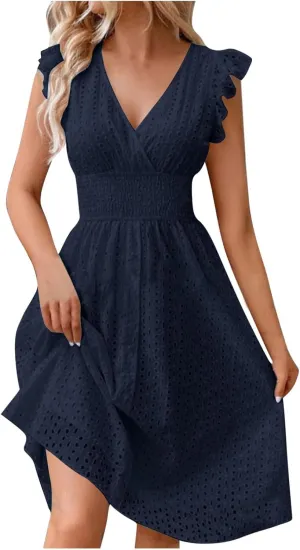 Casual Summer Dresses for Women Eyelet Ruffle Cap Sleeve Mini Dress Vneck Smocked Waist A Line Beach Vacation Dresses