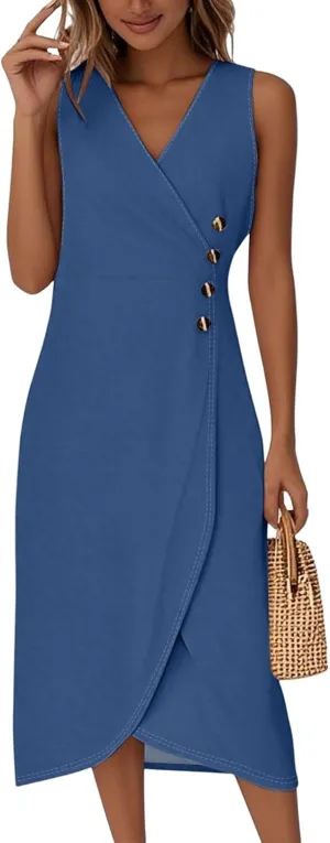 Casual Summer Dresses Spring V Neck Sleeveless Solid Color Flowy Vacation Wedding Guest Sundresses, S-2XL