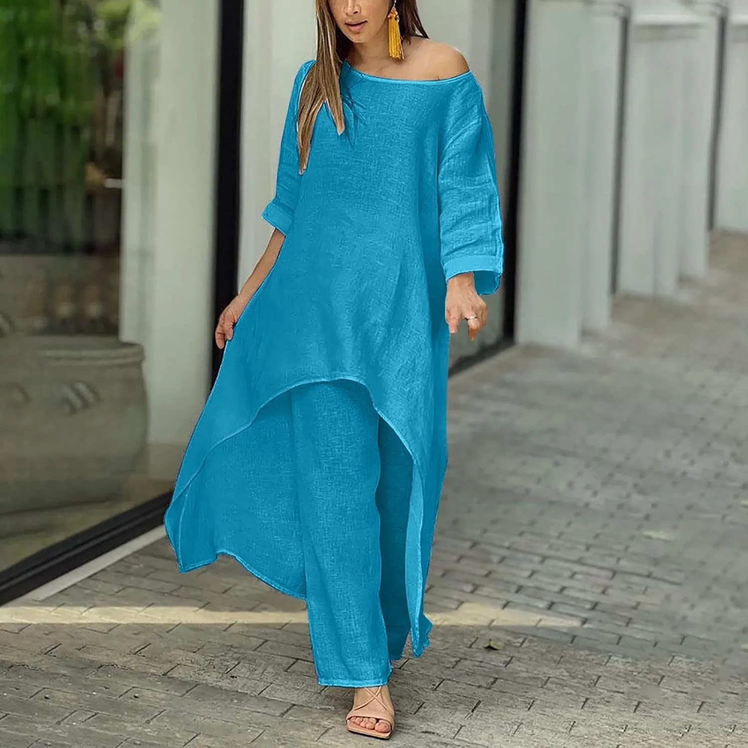 Ceboyel Summer Boho Dresses for Women 2023 Cotton Linen Dress One Shoulder Long Maxi Dresses Casual Beach Ladies Outfits