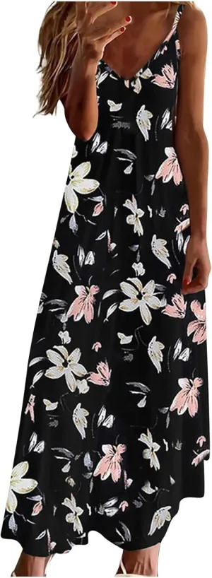 Ceboyel Women Floral Spaghetti Strap Sundress Casual Summer Long Maxi Dress Vneck Sexy Boho Dresses Trendy Beach Clothes 2024