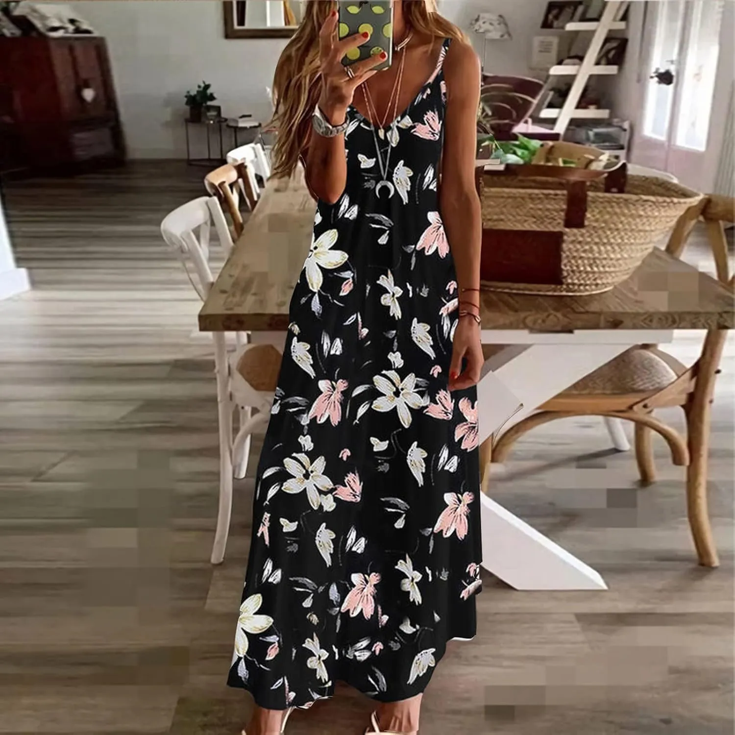 Ceboyel Women Floral Spaghetti Strap Sundress Casual Summer Long Maxi Dress Vneck Sexy Boho Dresses Trendy Beach Clothes 2024