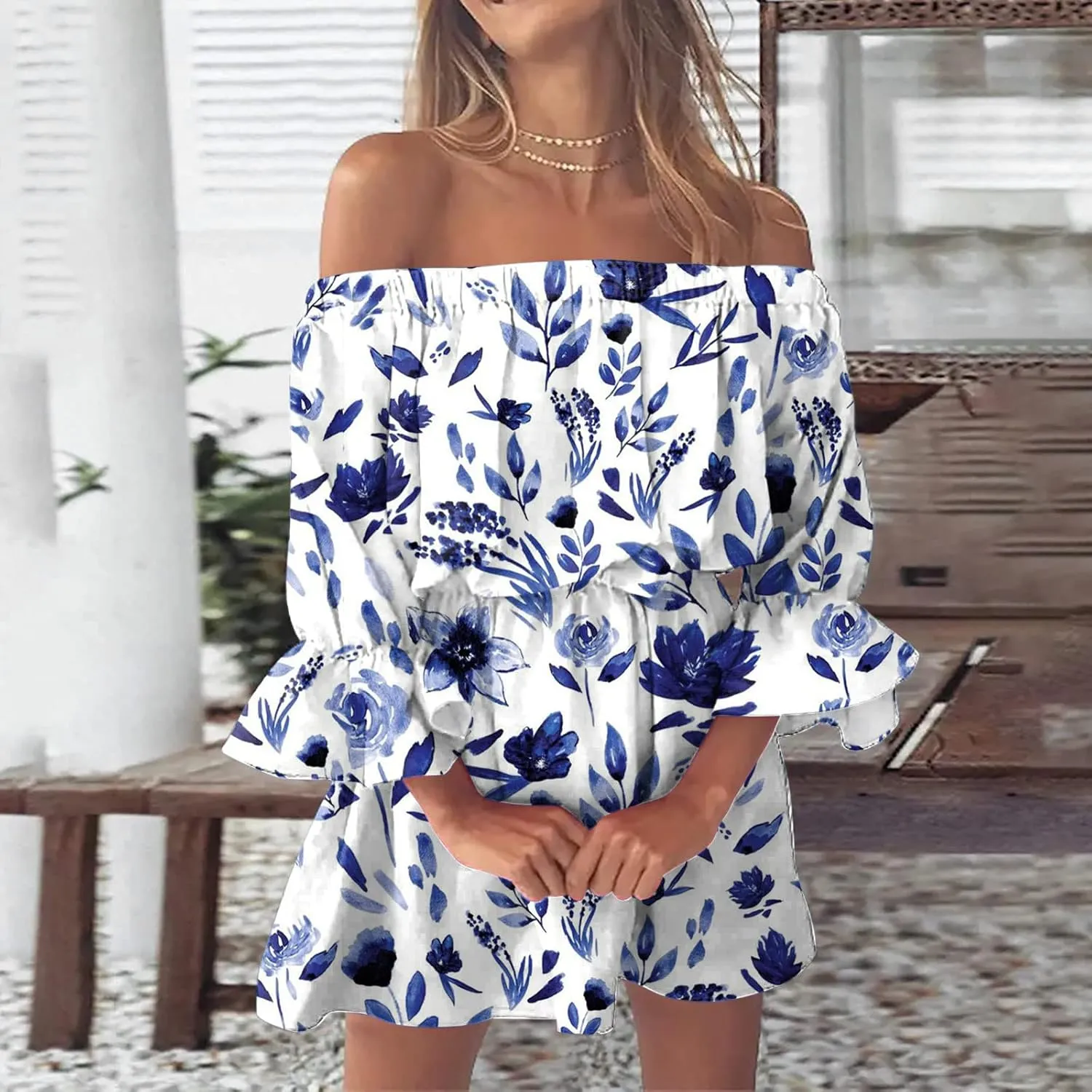 Ceboyel Women Off Shoulder Hawaiian Sundress Boho Ruffle Dresses Swing Beach Dress Sexy Casual Tropical Vacation Clothes