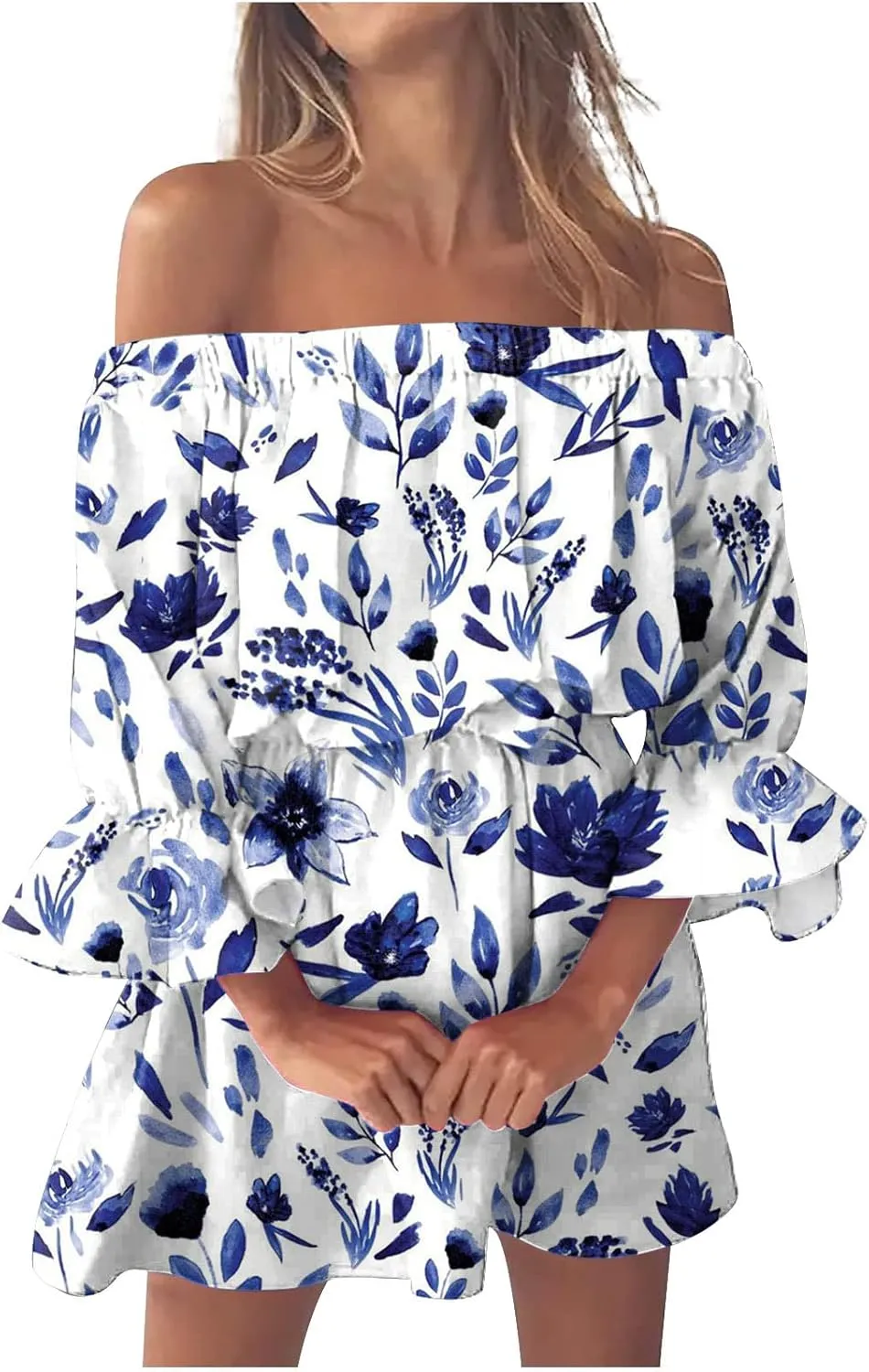 Ceboyel Women Off Shoulder Hawaiian Sundress Boho Ruffle Dresses Swing Beach Dress Sexy Casual Tropical Vacation Clothes