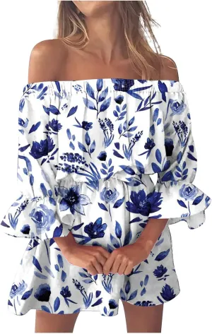 Ceboyel Women Off Shoulder Hawaiian Sundress Boho Ruffle Dresses Swing Beach Dress Sexy Casual Tropical Vacation Clothes