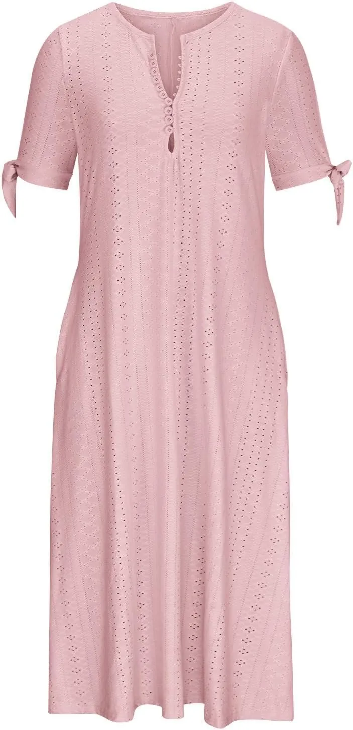 Ceboyel Womens Eyelet Casual Summer Dress Boho Embroidery Maxi Dresses Pleated Long Dress Vacation Trendy Clothing 2024