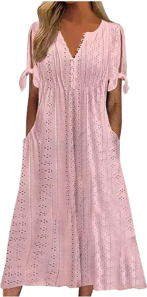 Ceboyel Womens Eyelet Casual Summer Dress Boho Embroidery Maxi Dresses Pleated Long Dress Vacation Trendy Clothing 2024