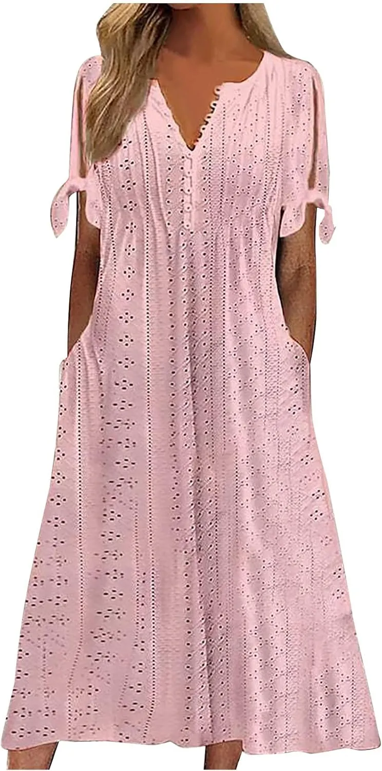 Ceboyel Womens Eyelet Casual Summer Dress Boho Embroidery Maxi Dresses Pleated Long Dress Vacation Trendy Clothing 2024