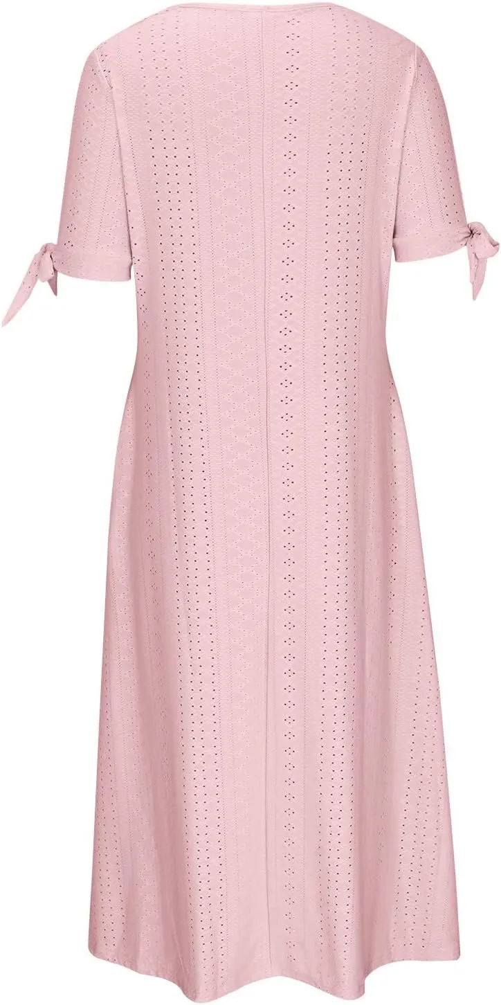 Ceboyel Womens Eyelet Casual Summer Dress Boho Embroidery Maxi Dresses Pleated Long Dress Vacation Trendy Clothing 2024