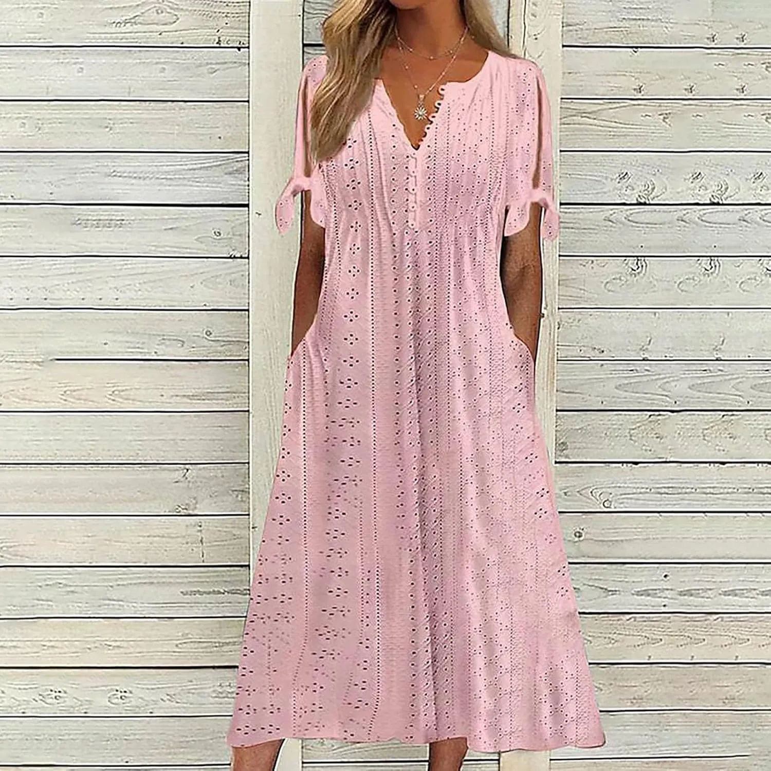 Ceboyel Womens Eyelet Casual Summer Dress Boho Embroidery Maxi Dresses Pleated Long Dress Vacation Trendy Clothing 2024
